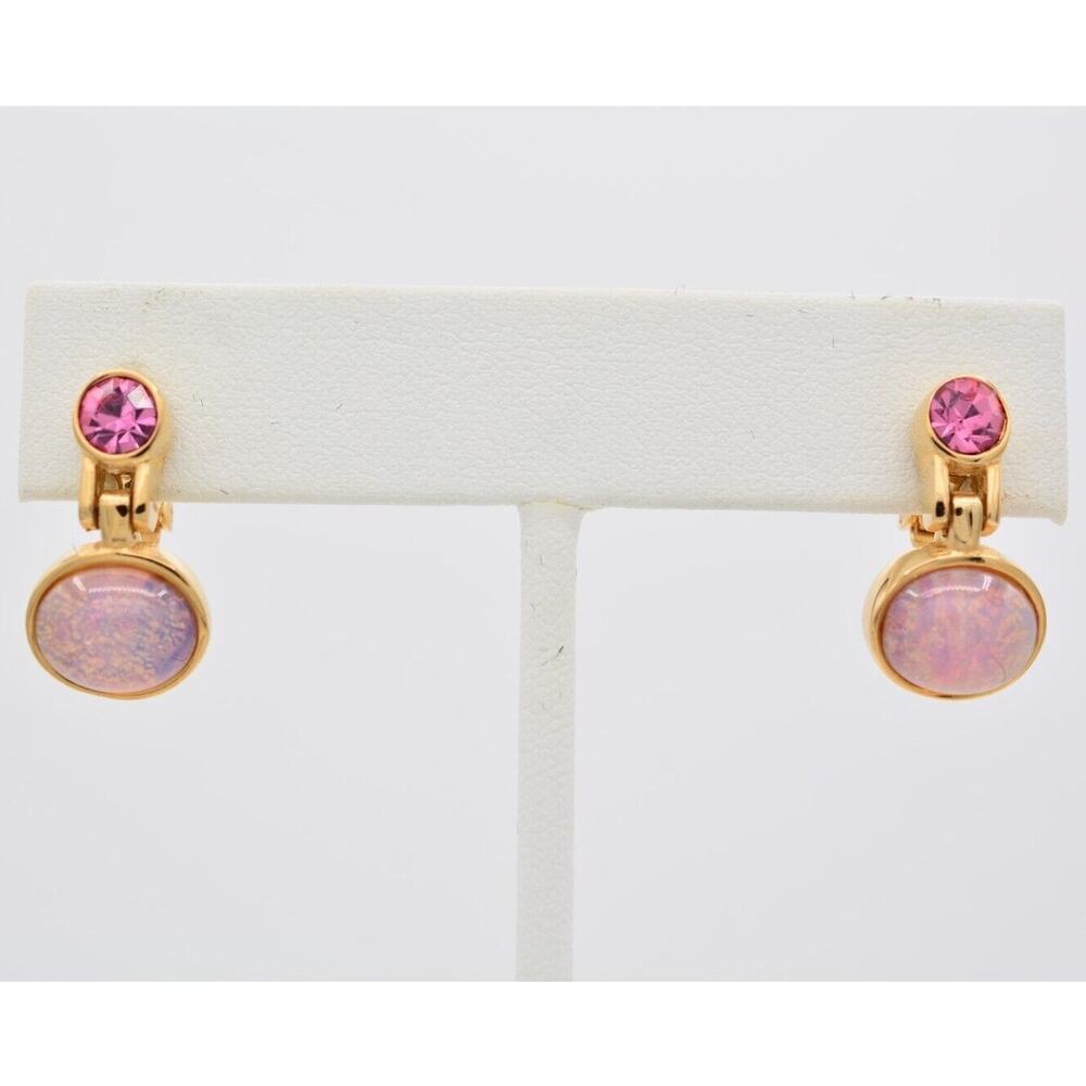 Givenchy Vintage Pink Cabochon Clip On Earrings Opal Crystal Gold Signed BinAY